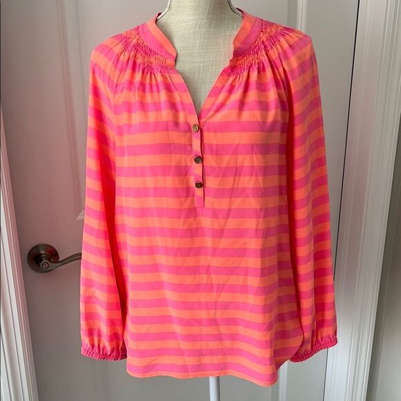 Lilly Pulitzer Elsa Silk Striped Pink and Orange Women's Top - Picture 1 of 11
